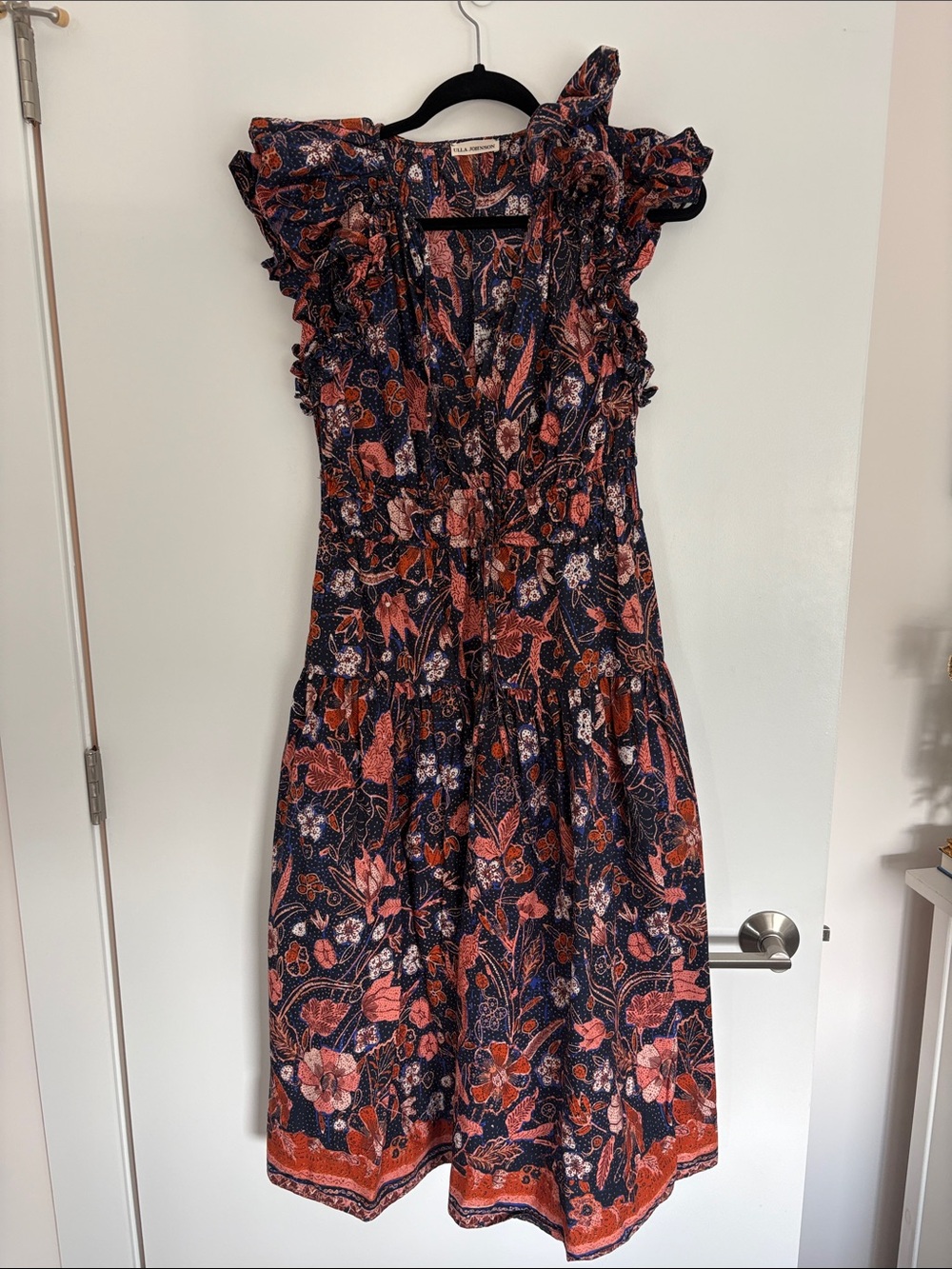 Ulla Johnson Navy Midi Dress with Coral and Rust Floral